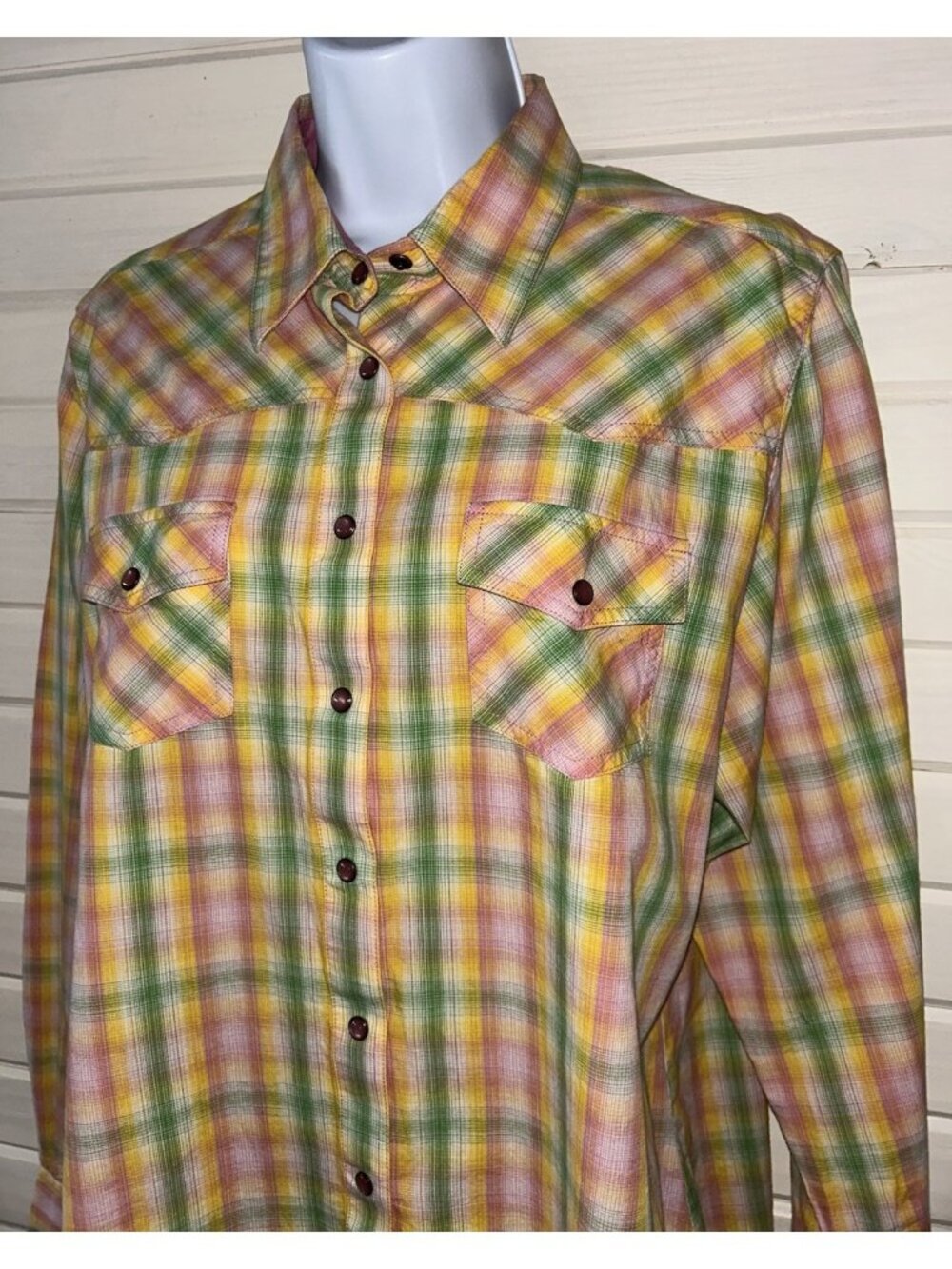 VTG Rockies Sz XL Women’s Pink Green Plaid Western Shirt Snaps Cowgirl Rodeo EUC